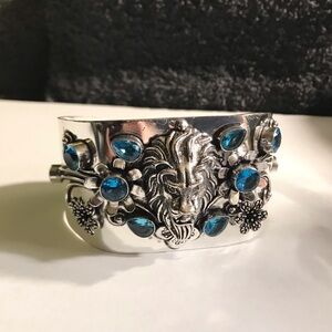 Lions Head Blue Topaz 925 Sterling Silver Cuff Bracelet